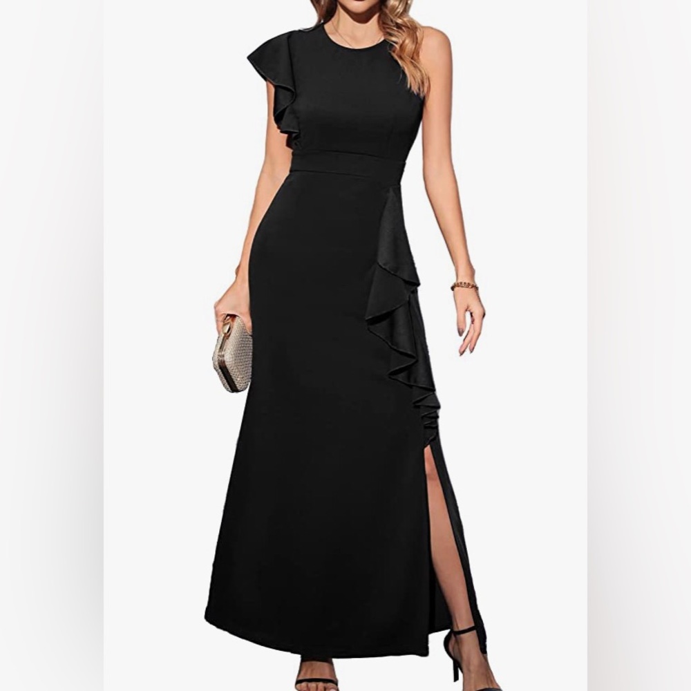 NWT Woosea Black Ruffle Sleeve Scoop Neck Body Con Maxi Formal Dress M
